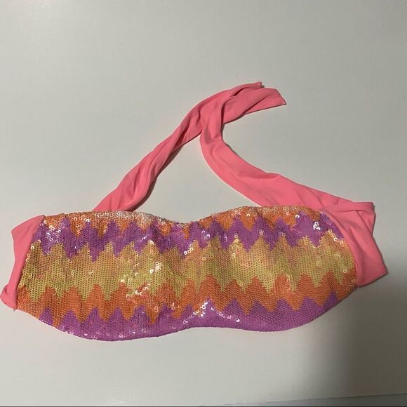 Victoria’s Secret pink chevron Sequin Bikini Bandeau strapless bra top -L - Picture 2 of 8
